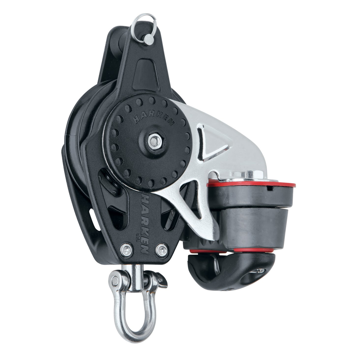 Black Harken 57mm Block with Swivel, Becket, and Cam Cleat - Part Number 2616