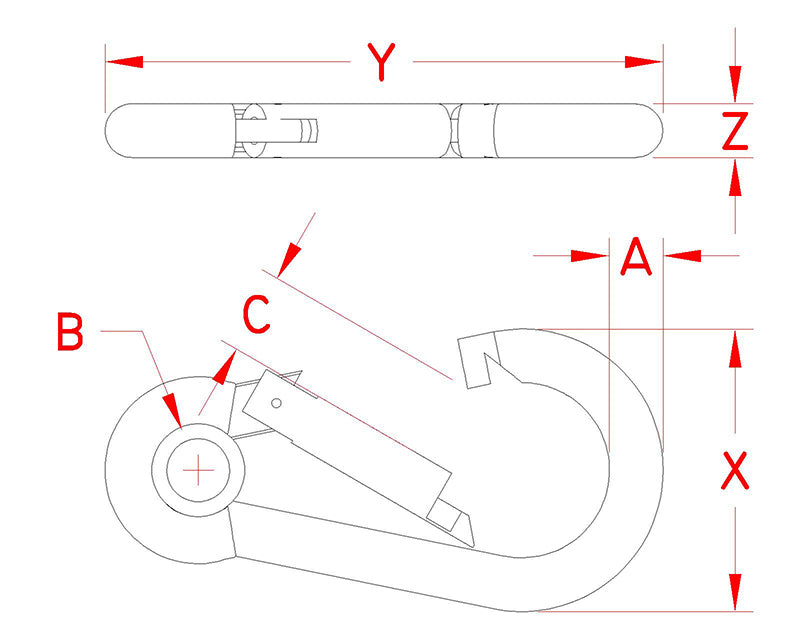 Technical drawing of a stainless steel spring clip with eye.
