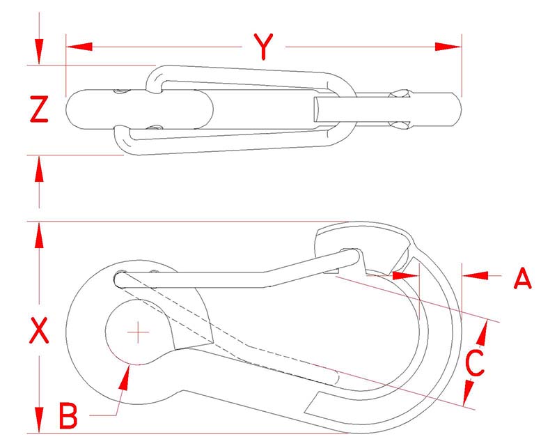 Technical drawing of 316 stainless steel wire lever harness clip.