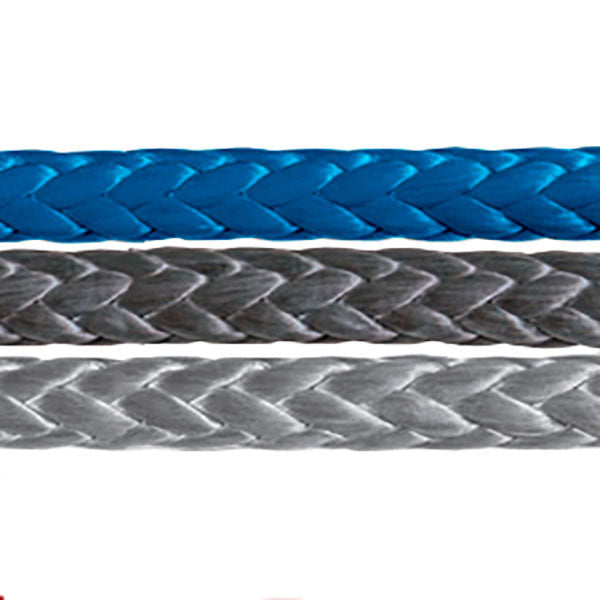 Close up image of Samson Amsteel Blue rope color options. Displays navy blue, black, and gray color options.