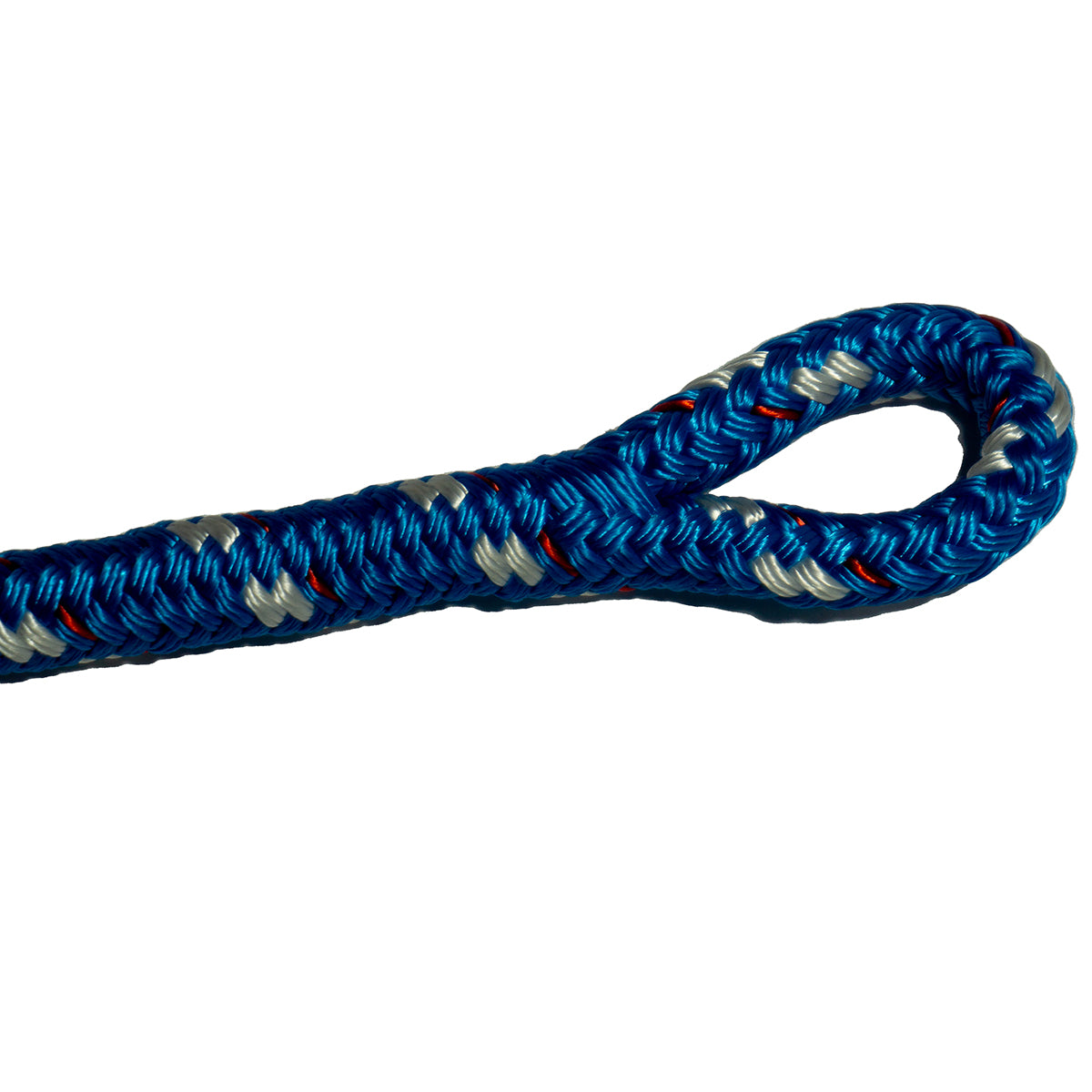 Blue rope with white flecks spliced in an eye loop displaying a double braid eye splice.