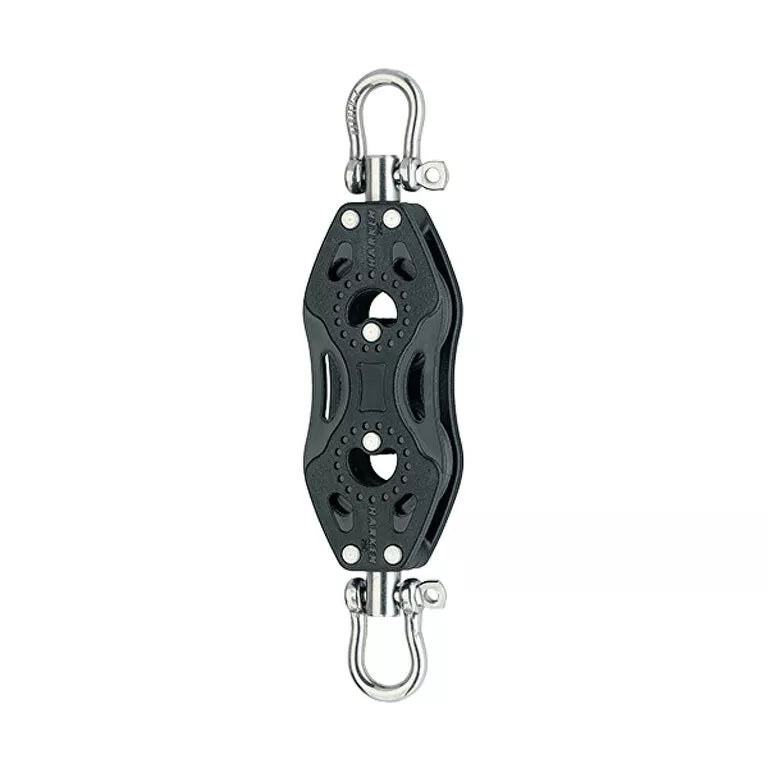 Composite Pulley with two sheaves in a vertical alignment, a swiveling post and shackle at each end.