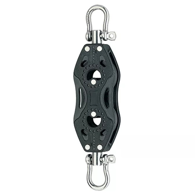 Composite Pulley with two sheaves in a vertical alignment, a swiveling post and shackle at each end.