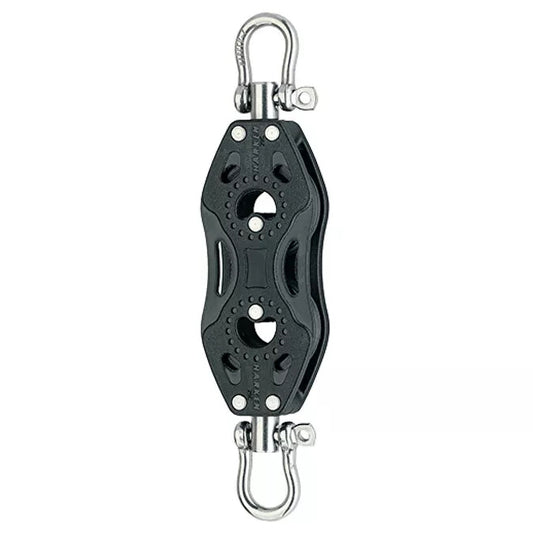 Composite Pulley with two sheaves in a vertical alignment, a swiveling post and shackle at each end.