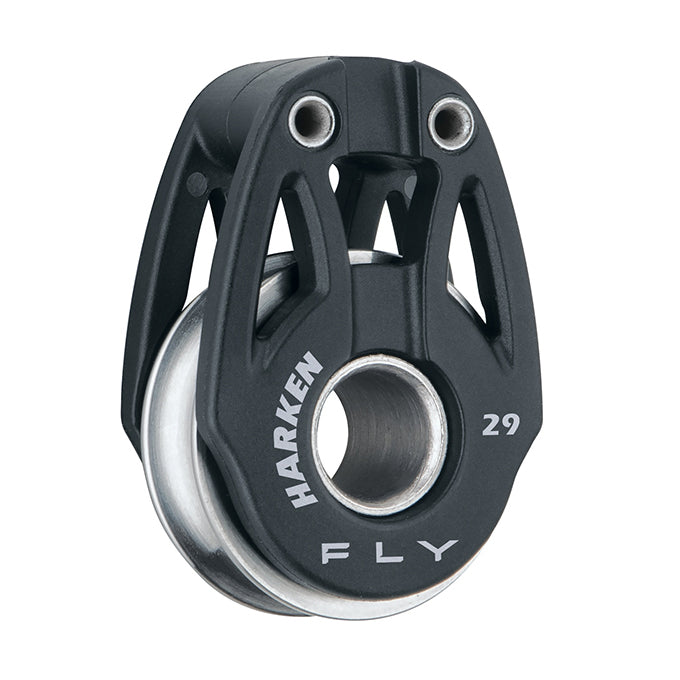 Stainless steel large hub pulley with one titanium sheave, composite sideplates and channels for braid attachment