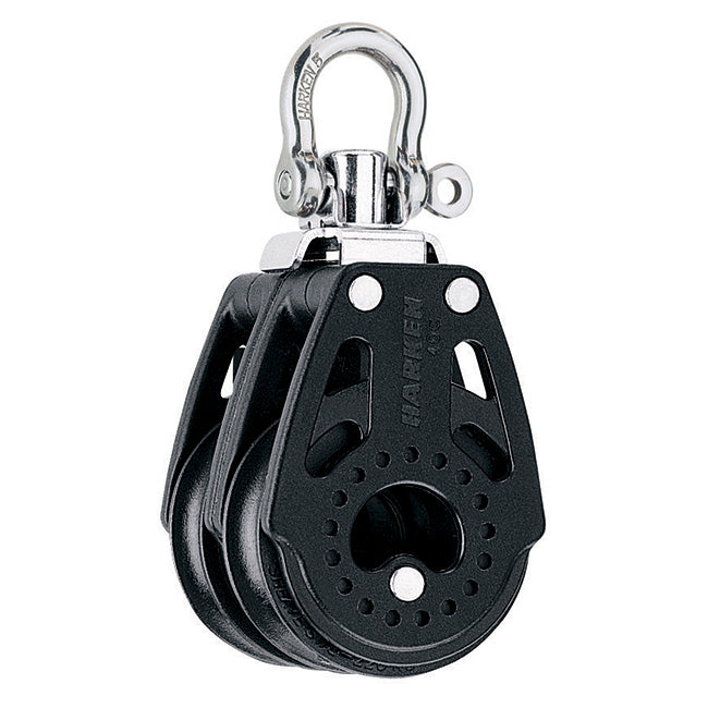 Composite Pulley with two sheaves, a swiveling top post and a shackle.