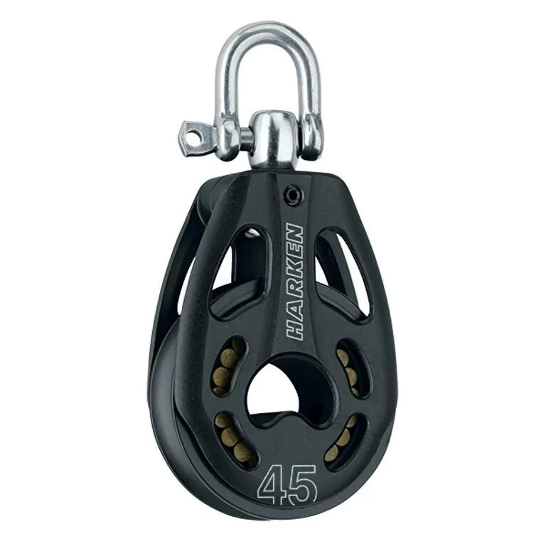 Aluminum Pulley with sheave and cut out side plates with a top post and a shackle.
