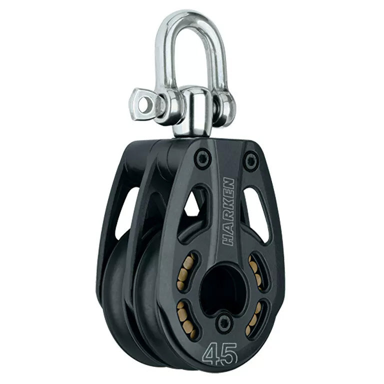Aluminum Pulley with sheave and cut out side plates with a top post and a shackle.