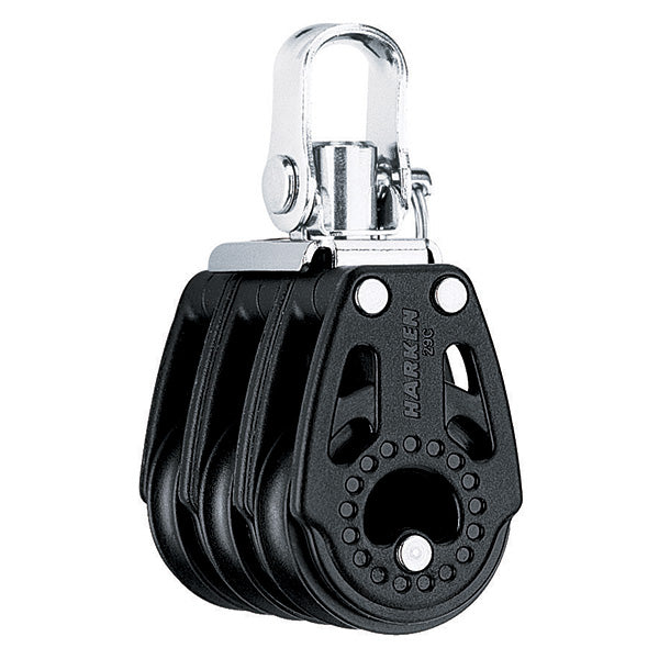 Composite Pulley with three sheaves, a swiveling top post and shackle.