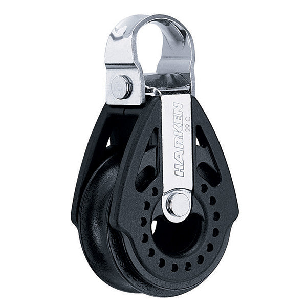 Composite Pulley with one black sheave and a smooth stainless steel saddle for attachment