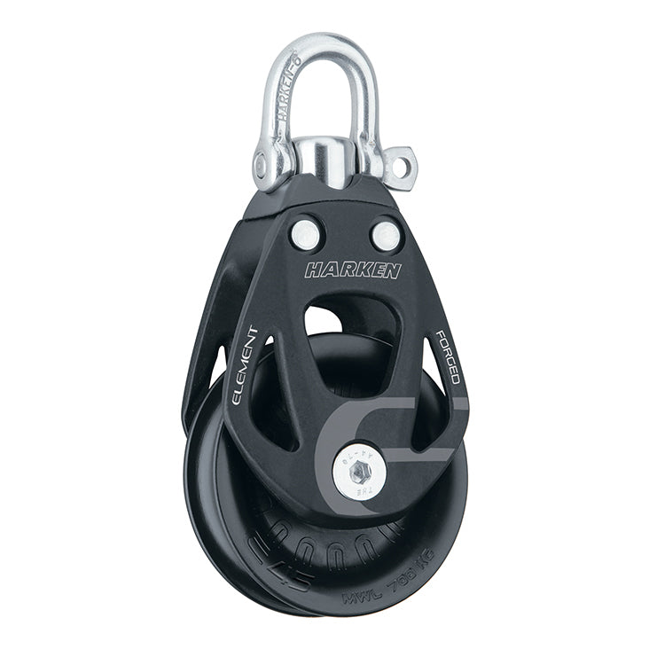 Single Composite black sheave with aluminum cut-out side plates and a a swiveling or locking top post and a shackle