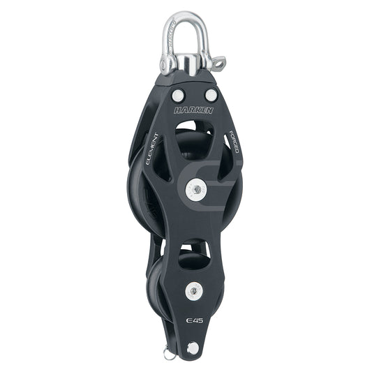Two composite black sheaves in a vertical alignment, a swiveling top post and shackle with aluminum side plates