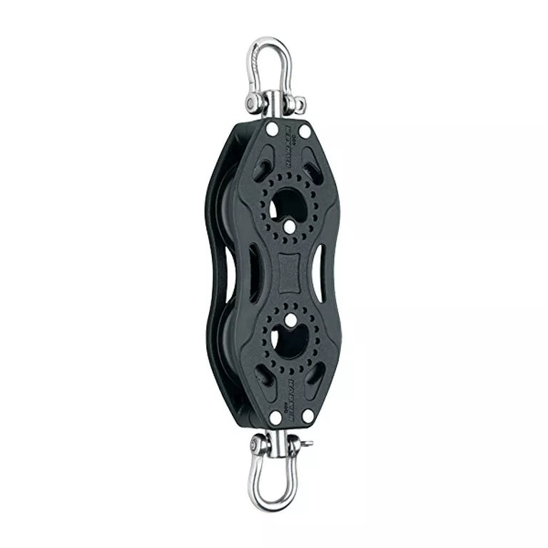 Composite Pulley with two sheaves in a vertical alignment, a swiveling post and shackle at each end.