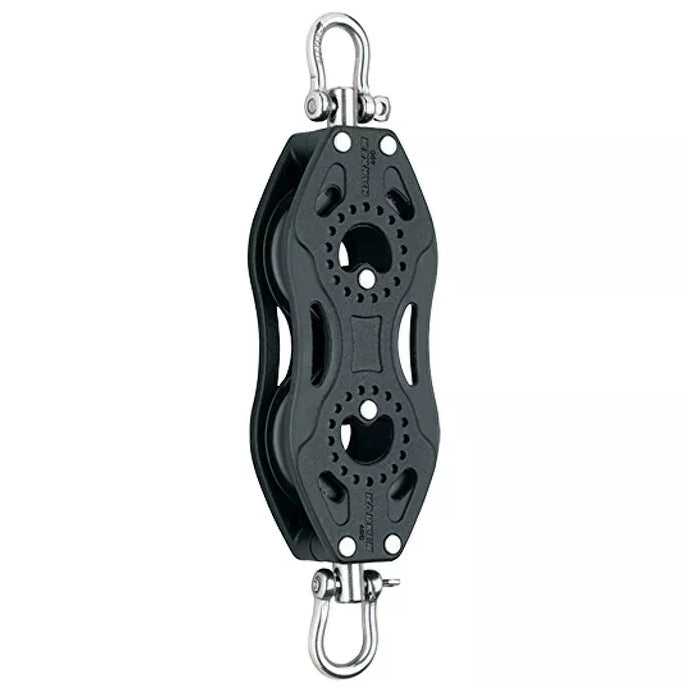 Composite Pulley with two sheaves in a vertical alignment, a swiveling post and shackle at each end.