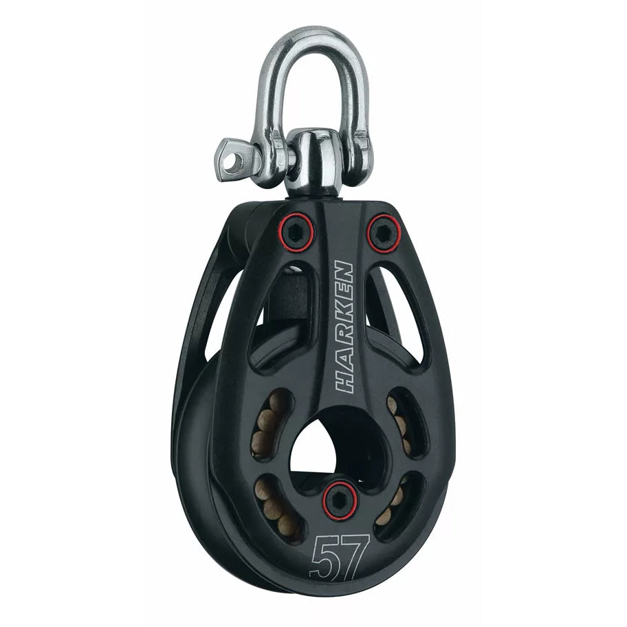 Aluminum Pulley with sheave and cut out side plates with a top post and a shackle.