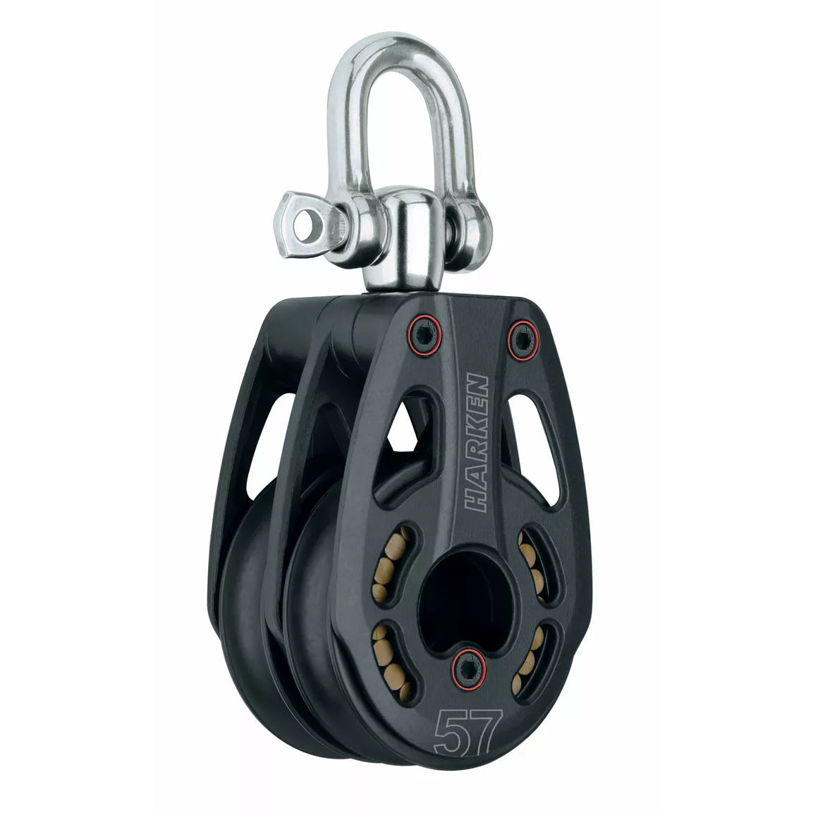 Aluminum Pulley with two sheaves and cut out side plates with a top post and a shackle.