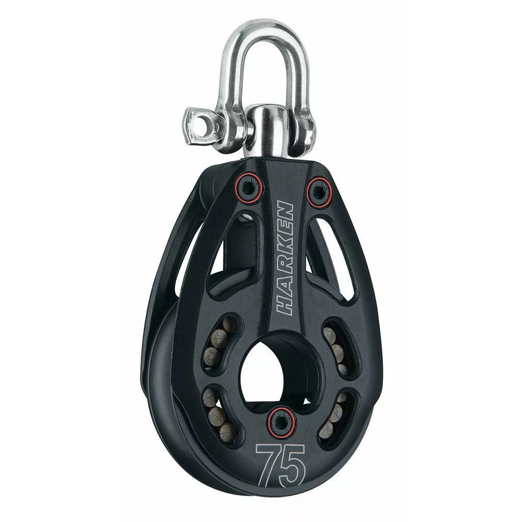 Aluminum Pulley with black sheave and cut out side plates with a swiveling or locking top post and a shackle.