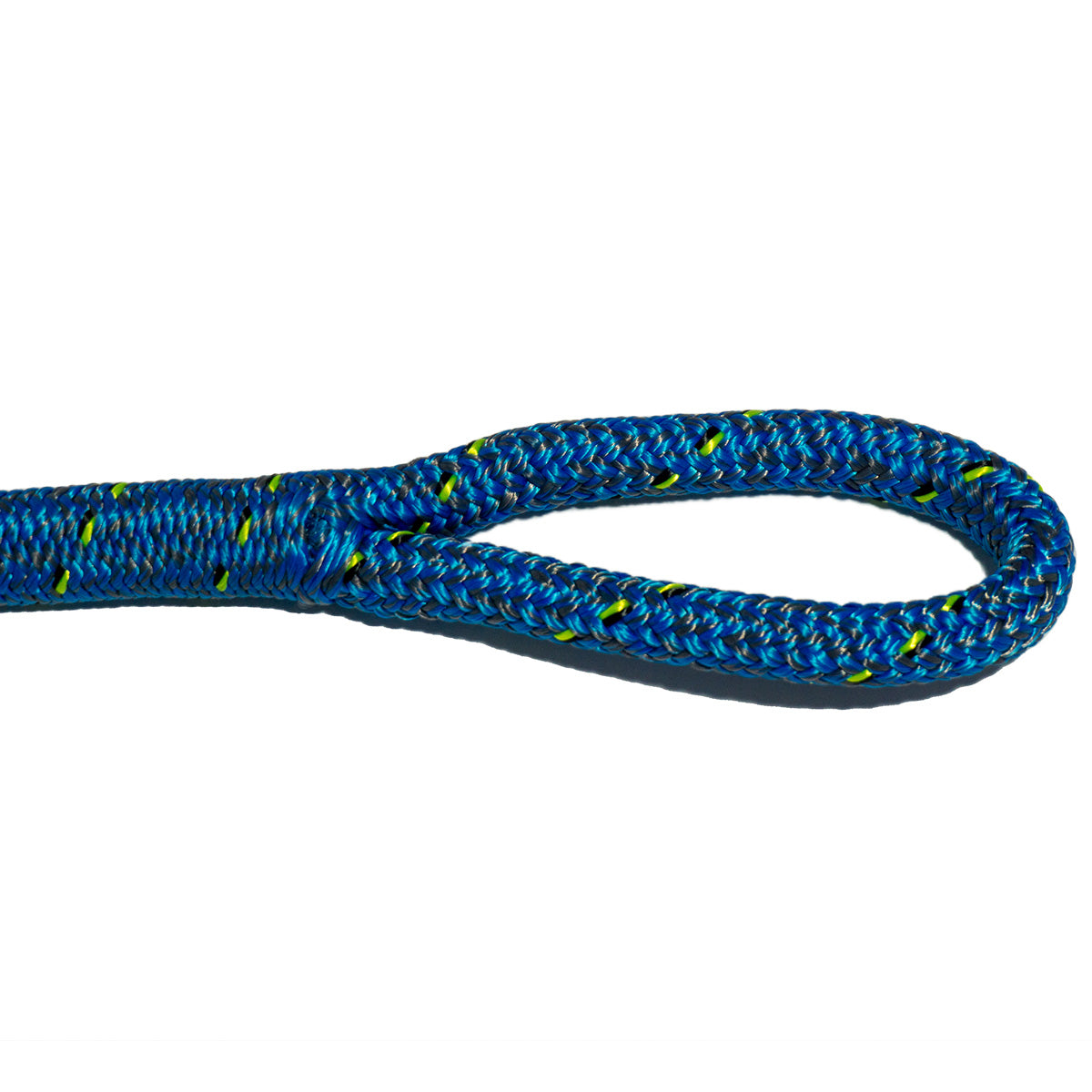 Blue rope with yellow flecks spliced in an eye loop displaying a Hi-Tech Splice.
