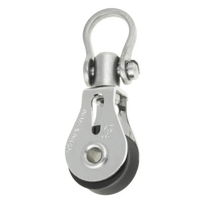 Stainless Steel Pulley with one black sheave, a swiveling top post and shackle.