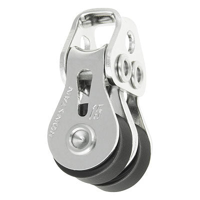 Stainless Steel Pulley with two black sheaves and smooth saddle for attachment.