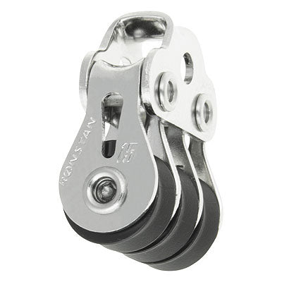 Stainless Steel Pulley with three black sheaves and smooth saddle for attachment