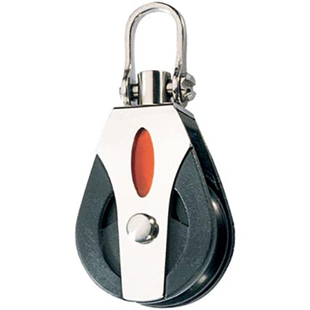 Single Nylatron sheave with stainless steel side plates and swivel post and top shackle
