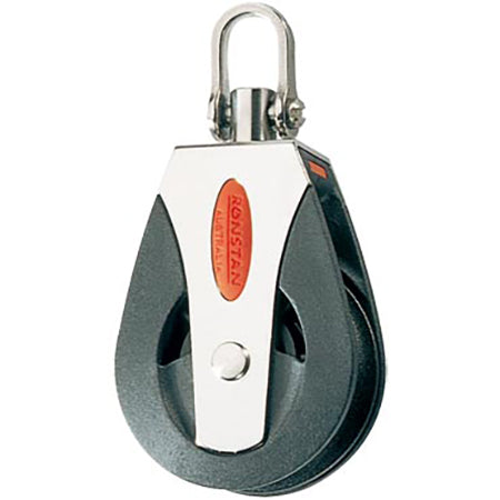Pulley with single Nylatron sheave with stainless steel side plates and swivel post and top shackle.