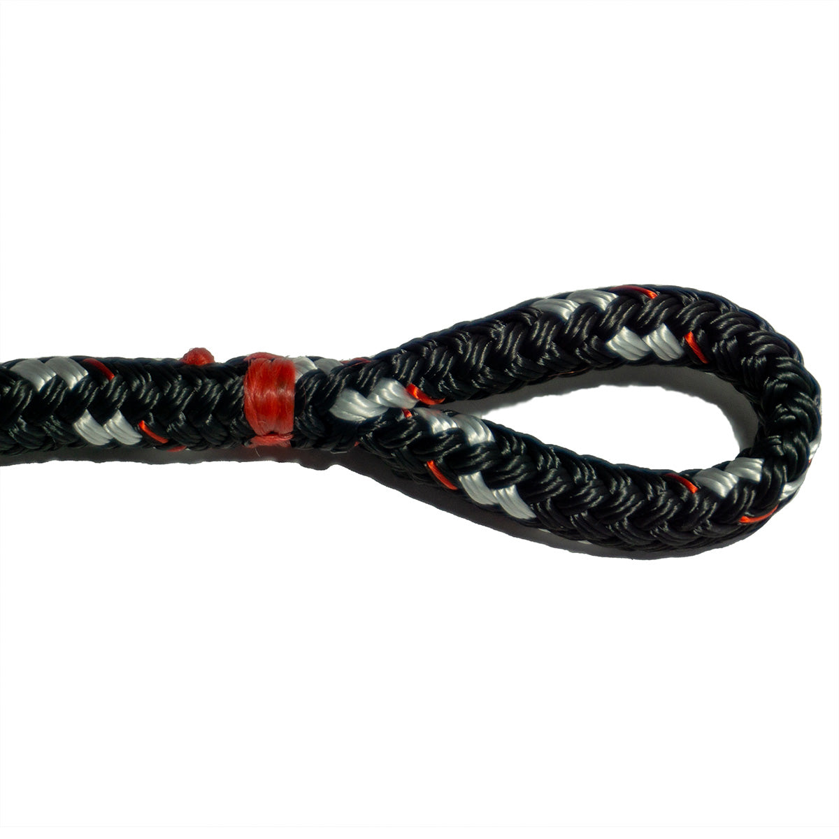 Black rope with white flecks in a loop with red whipping displaying a sample of a reeving eye.