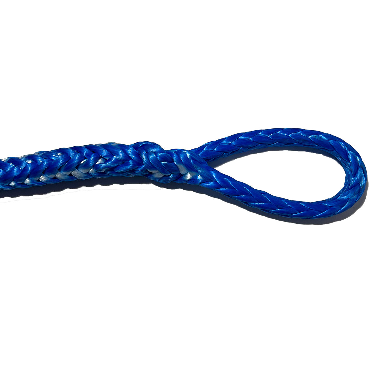 Solid blue rope spliced in an eye loop displaying a single braid brummel splice.