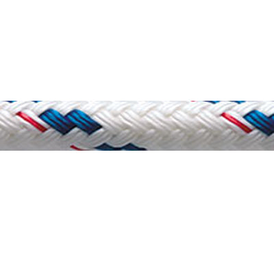 Double braid Sta-Set rope, white with blue flecks and red tracer.