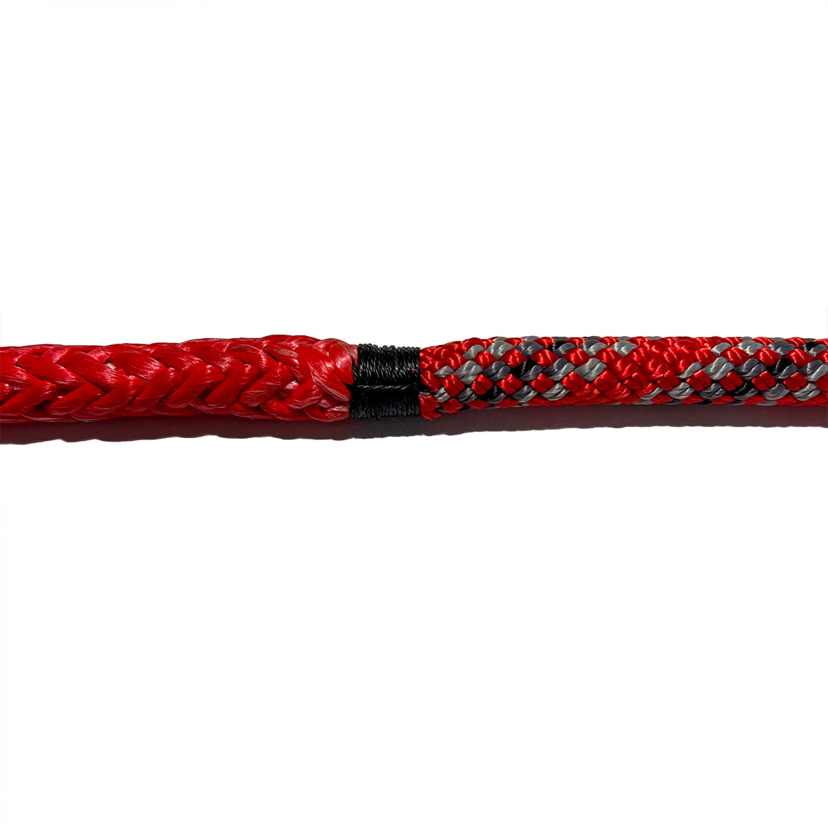 Red rope with grey flecks with the cover stripped on one side.
