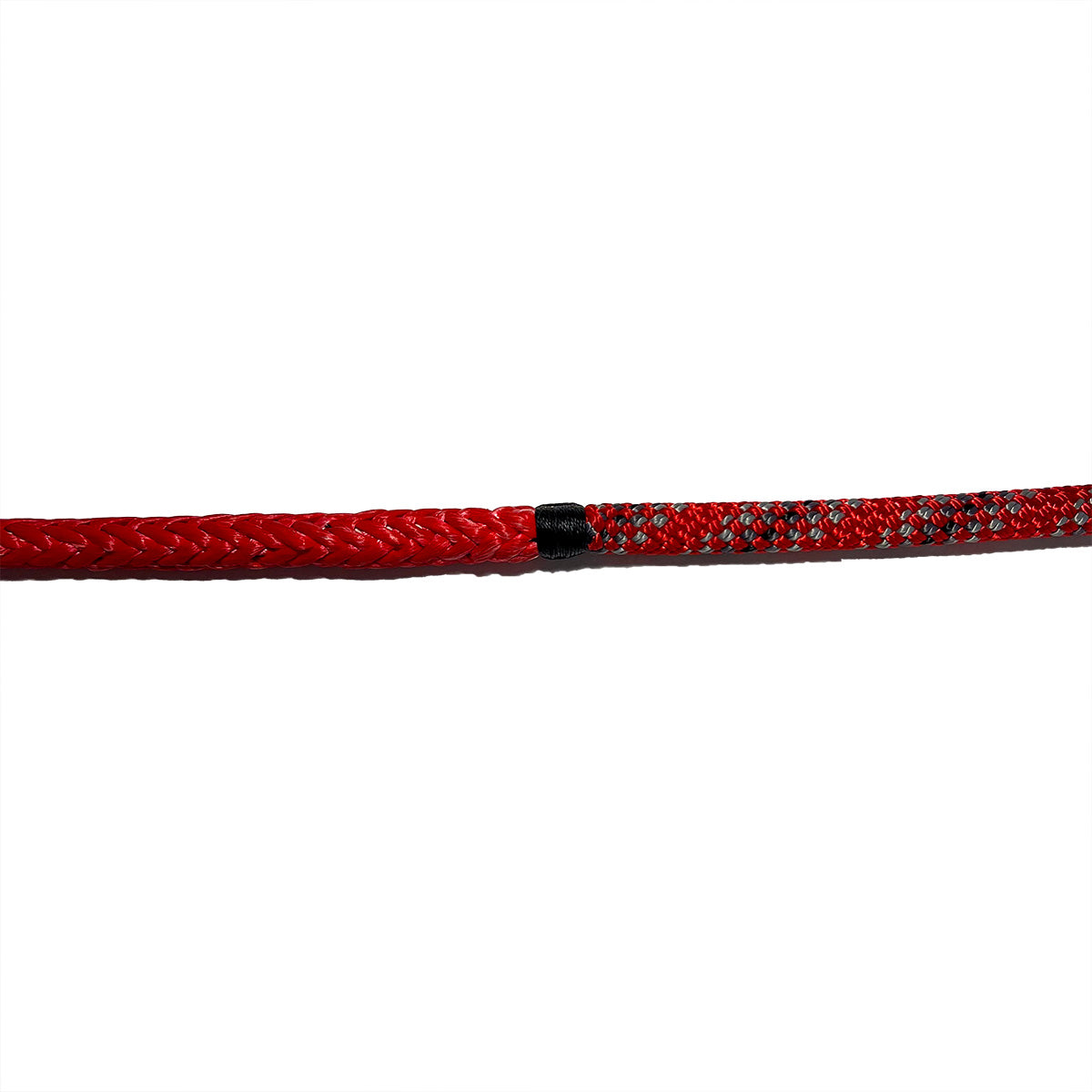 Red rope with grey flecks with the cover stripped on one side.