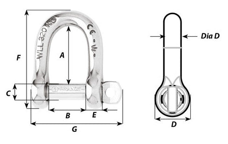 Technical drawing of whichard stainless steel self-locking D shackle.