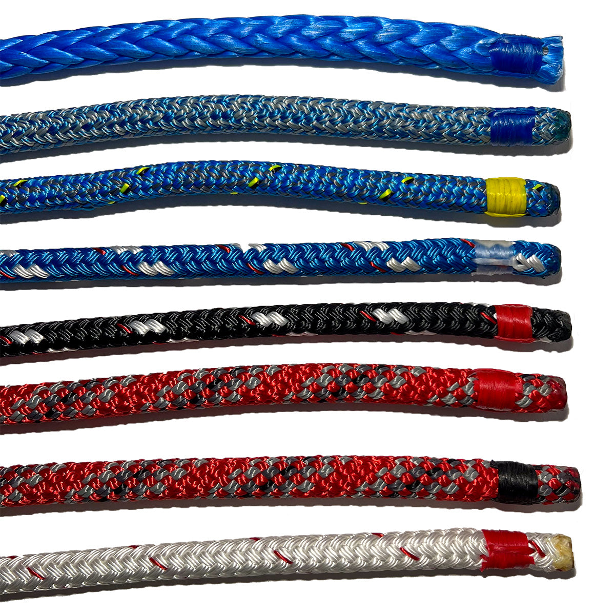 Multiple pieces of ends of rope with colored whipping finishing the ends.