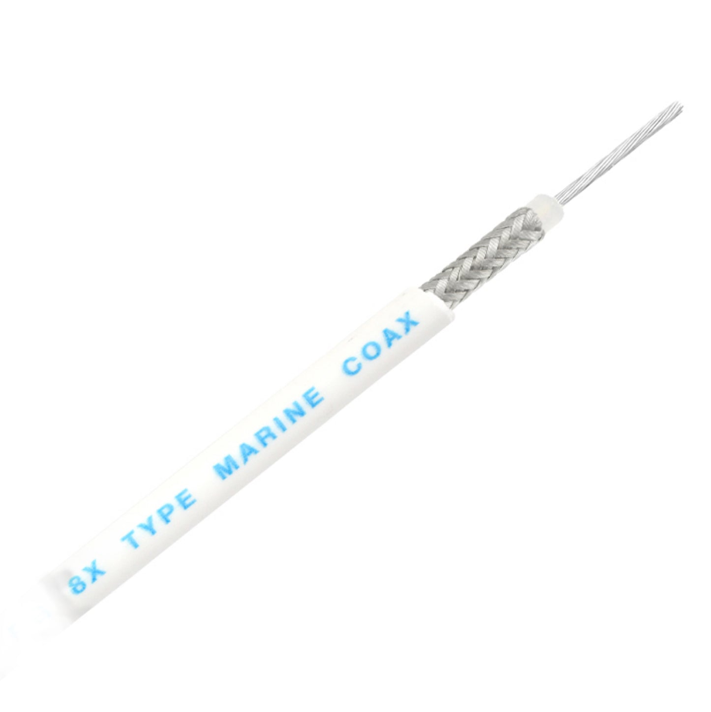 RG8X Coaxial Cable, White Vinyl Jacket, Braided tinned copper shield, and copper conductors. Sold by the foot. - COAX
