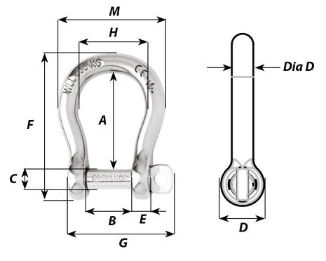 Technical diagram of a shackle with labeled headers to reference specifications on a white background.