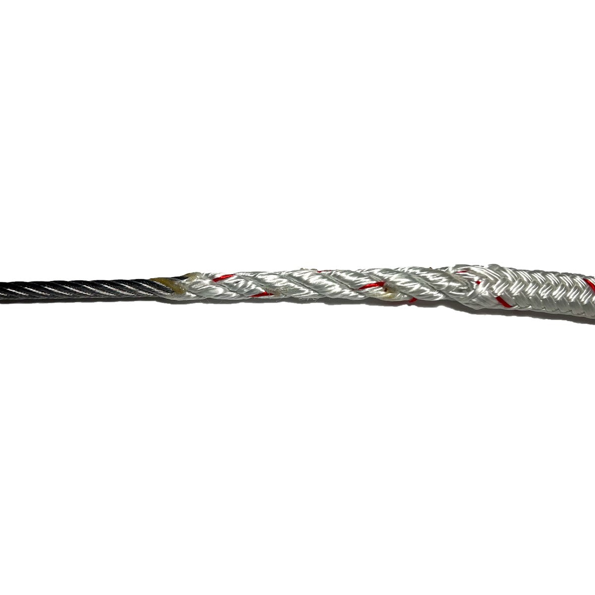 Stainless steel wire spliced into white Sta-Set rope with red flecks