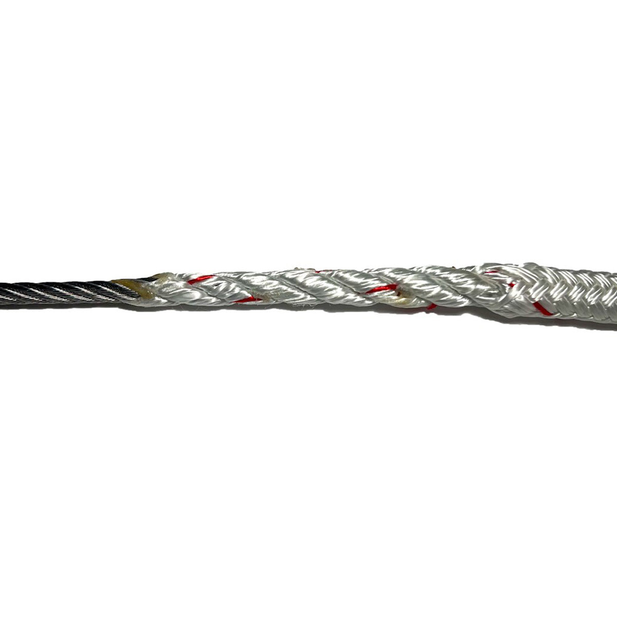 Stainless steel wire spliced into white Sta-Set rope with red flecks