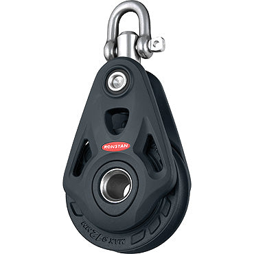 Large Hub Pulley with sheave and cut out aluminum side plates with a top post and shackle.