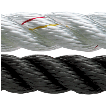 Color group close up of white three strand rope and black three strand rope, demonstrating the weave and color.