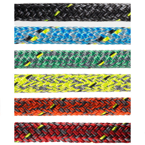 Close up of blue/grey Marlow D2 Racing Rope with black and neon yellow flecks in the braid.