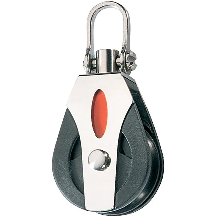 Pulley with one black sheave, Stainless Steel side plates, swivel post and shackle