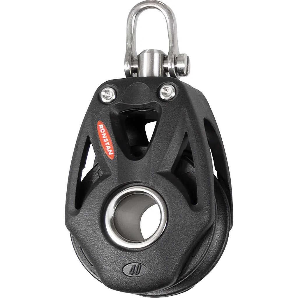 Pulley with one black sheave, large Stainless Steel hub, cut out side plateswith swivel post and shackle