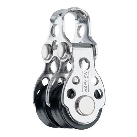 Stainless Steel Pulley with two black sheaves and smooth saddle for attachment.