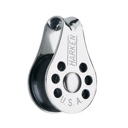 Stainless Steel Pulley with one black sheave and smooth saddle for attachment.