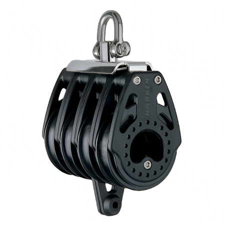 Black Harken 57mm Carbo Quad Block with a center becket, typically used for sailing.
