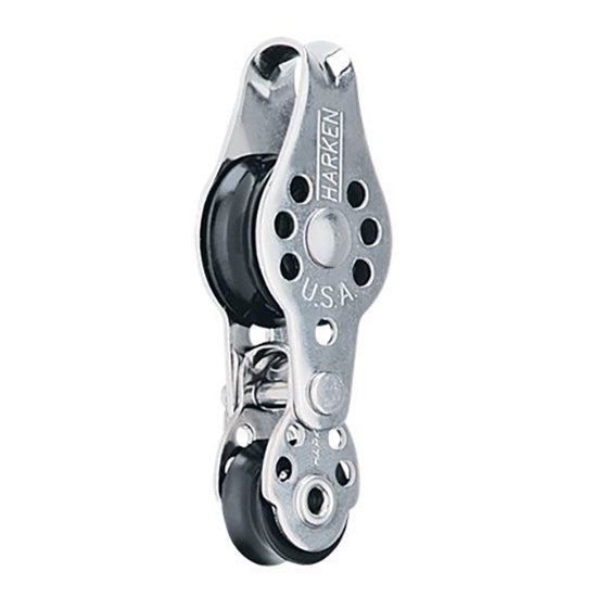 Stainless Steel Pulley with two black sheaves in a vertical alignment and a smooth saddle for attachment.