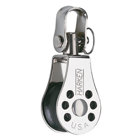 Stainless Steel Pulley with one black sheave, a swiveling top post and shackle.
