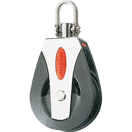 One sheave and Stainless Steel side plates with swivel post and shackle.