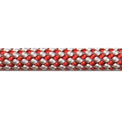 Red and white Robline Dingy rope, rope pattern is red with white flecks in a weaved diamond pattern.